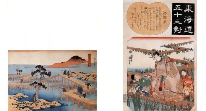 （写真）諸国名橋奇覧”三河の八つ橋の古図”、東海道五十三対”池鯉鮒”