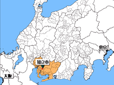 中部地方の拡大地図上で愛知県に色が塗られて示されています